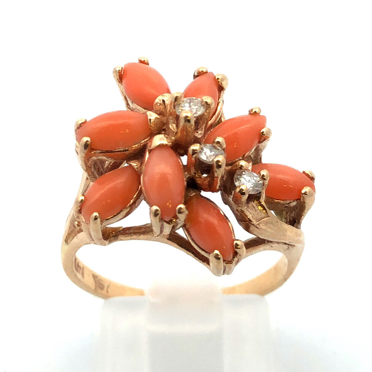 Designer 14K Yellow Gold Pink Coral Diamond Statement Cocktail Ring