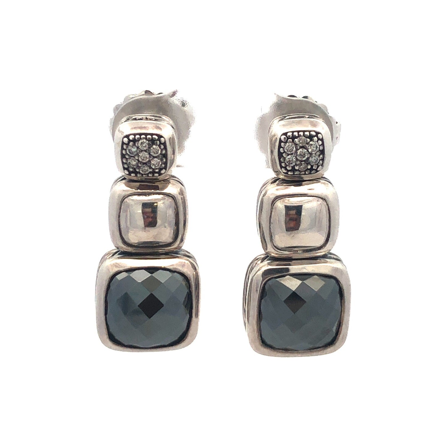 David Yurman 925 Sterling Silver Albion Cushion Cut Hematite Diamond Earrings