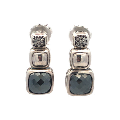 David Yurman 925 Sterling Silver Albion Cushion Cut Hematite Diamond Earrings