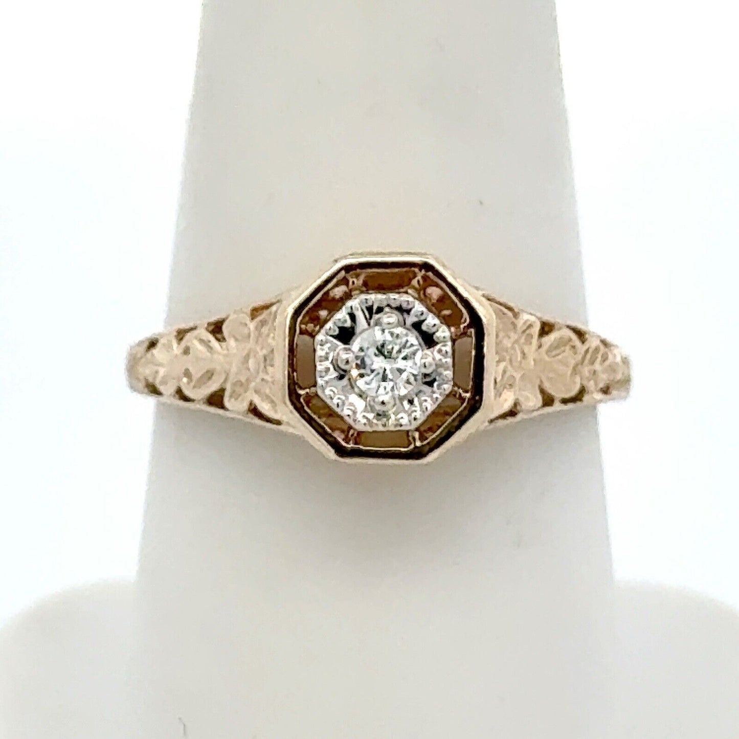 Retro 14K Yellow White Gold Diamond Solitaire Floral Filigree Engagement Ring