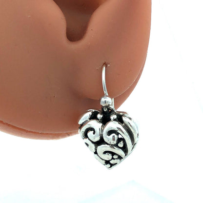 Vintage 925 Sterling Silver Scroll Swirl Puffy Heart Hook Dangle Earrings