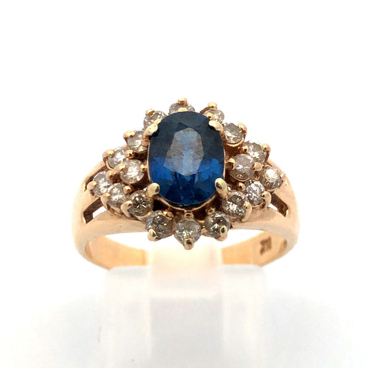 Vintage 14K Yellow Gold Oval Blue Sapphire Round Diamond Halo Anniversary Ring