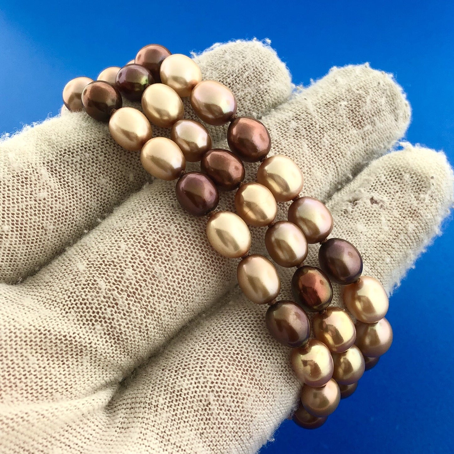 Retro Designer 925 Sterling Silver Bronze Champagne Oval Pearl Choker Necklace