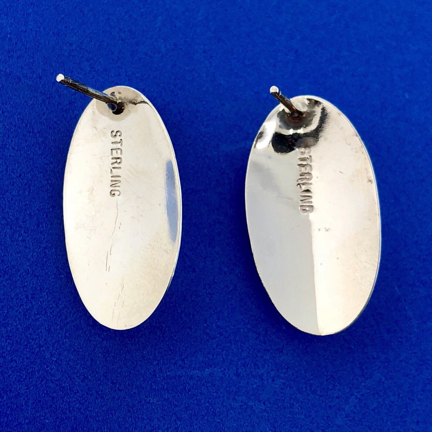 Vintage Sterling Silver 925 Oval Malachite Cabochon Elongated Stud Earrings