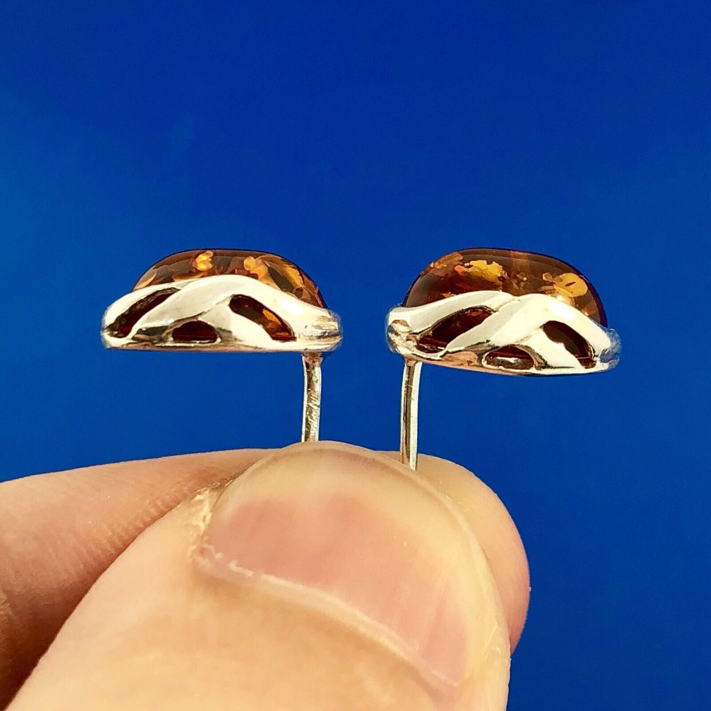 Retro 925 Sterling Silver Oval Baltic Amber Stud Earrings