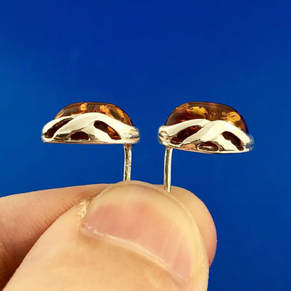 Retro 925 Sterling Silver Oval Baltic Amber Stud Earrings