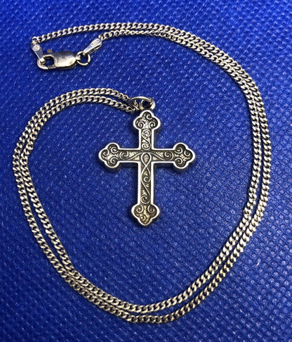 Designer P. Lux 925 Sterling Silver Scroll Detail Cross Pendant & Chain Necklace