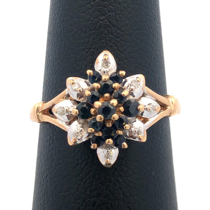 Vintage 10K Yellow Gold Sapphire Diamond Flower Waterfall Cluster Cocktail Ring