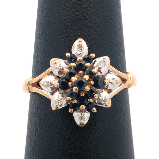 Vintage 10K Yellow Gold Sapphire Diamond Flower Waterfall Cluster Cocktail Ring