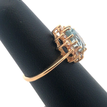 14K Yellow Gold Blue Topaz Diamond Halo December Birthday Occasion Cocktail Ring