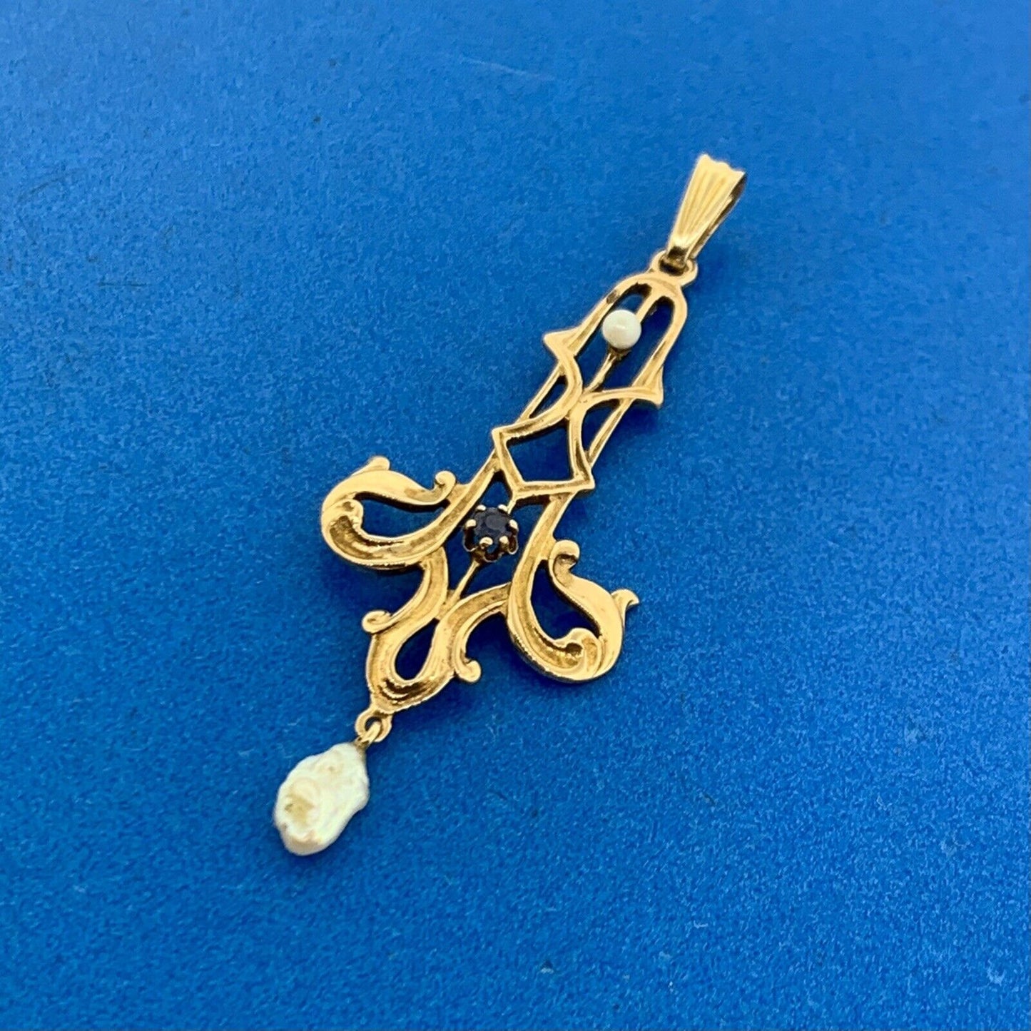 Antique 14K Yellow Gold Sapphire Pearl Scroll Statement Pendant