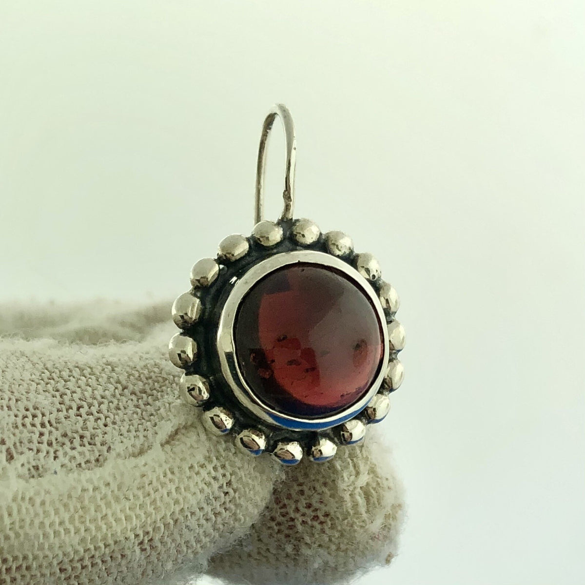 Modernist Sterling Silver Garnet Cabochon Beaded Halo January Occasion Earrings