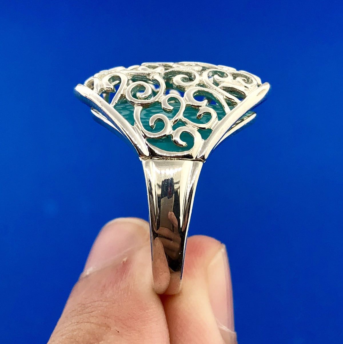 Designer 925 Sterling Silver Aqua Enamel Swirl Scroll Open Work Statement Ring