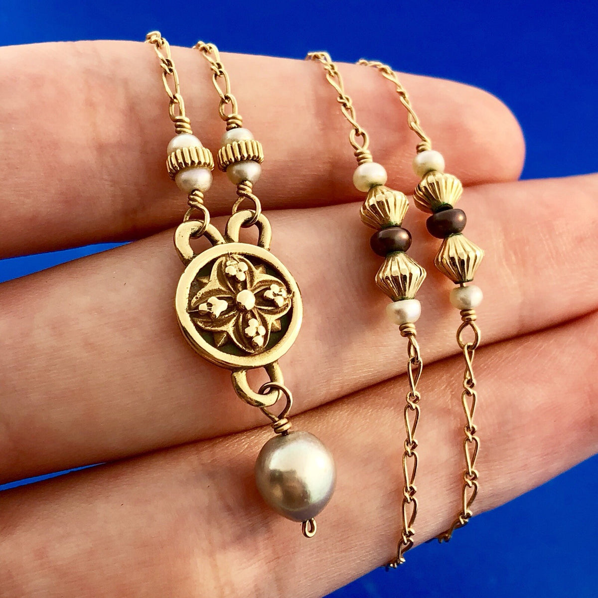Mignon Faget 14K Yellow Gold Small Medallion Baroque Pearl Drop Toggle Necklace