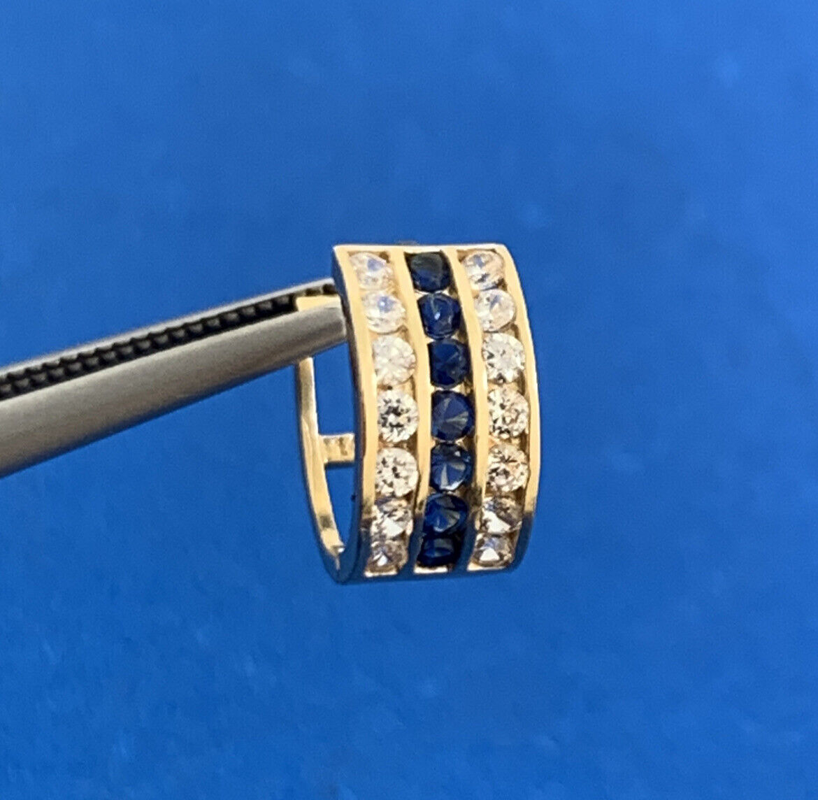 Designer JTS 14K Yellow Gold White Topaz Blue Sapphire Huggie Hoop Earrings