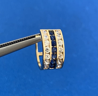 Designer JTS 14K Yellow Gold White Topaz Blue Sapphire Huggie Hoop Earrings