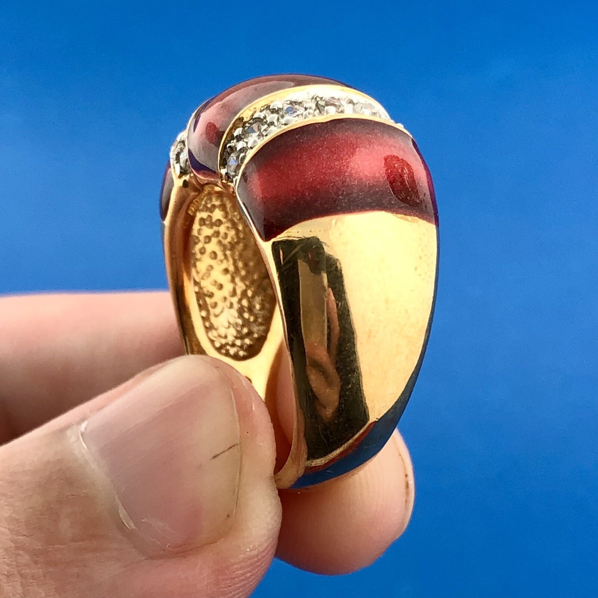 Stunning 925 Sterling Silver Red Enamel Cubic Zirconia Statement Dome Ring