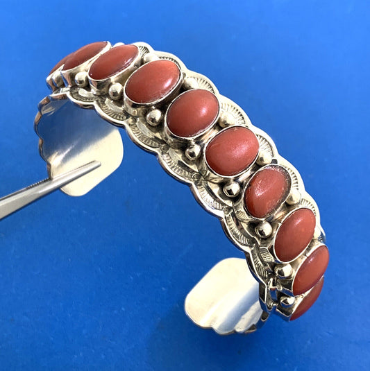 Aaron Toadlena Native American 925 Sterling Silver Coral Statement Cuff Bracelet