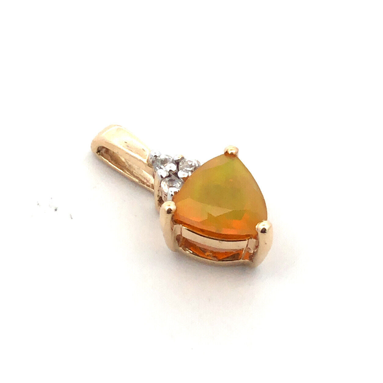 Designer TGGC 10K Yellow Gold Trillion Mexican Opal White Topaz Petite Pendant