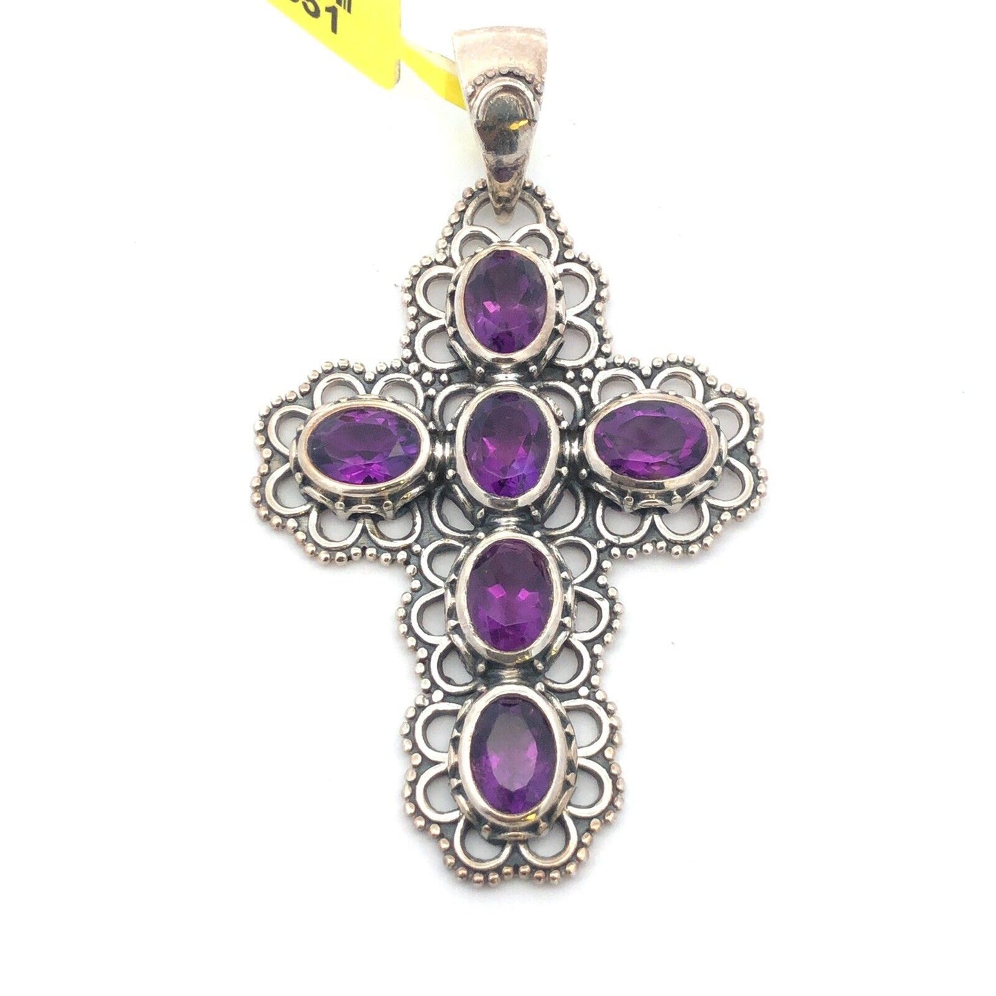 Designer DJoy 925 Sterling Silver Oval Amethyst Beaded Detail Cross Pendant