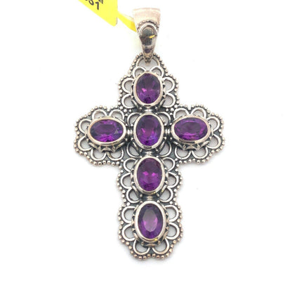 Designer DJoy 925 Sterling Silver Oval Amethyst Beaded Detail Cross Pendant