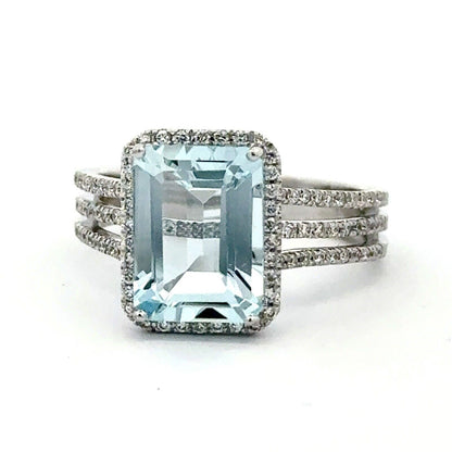 14K White Gold Solitaire Aquamarine Diamond Halo Accented March Anniversary Ring