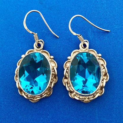 Vintage Sterling Silver Ocean Blue Cubic Zirconia Oval Scroll Statement Earrings