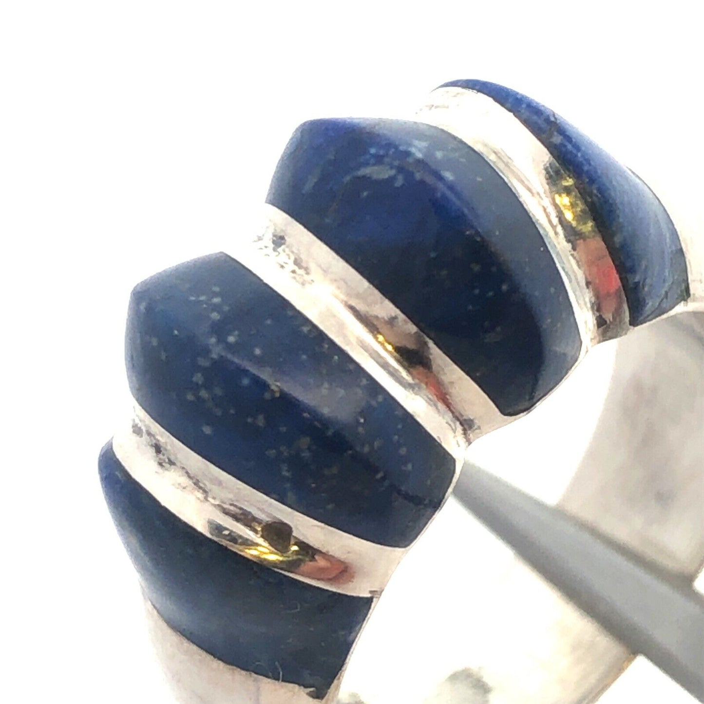 Estate 950 Fine Silver Lapis-Lazuli Modernist Ribbed Dome Size 7.5 Ring