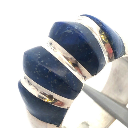 Estate 950 Fine Silver Lapis-Lazuli Modernist Ribbed Dome Size 7.5 Ring