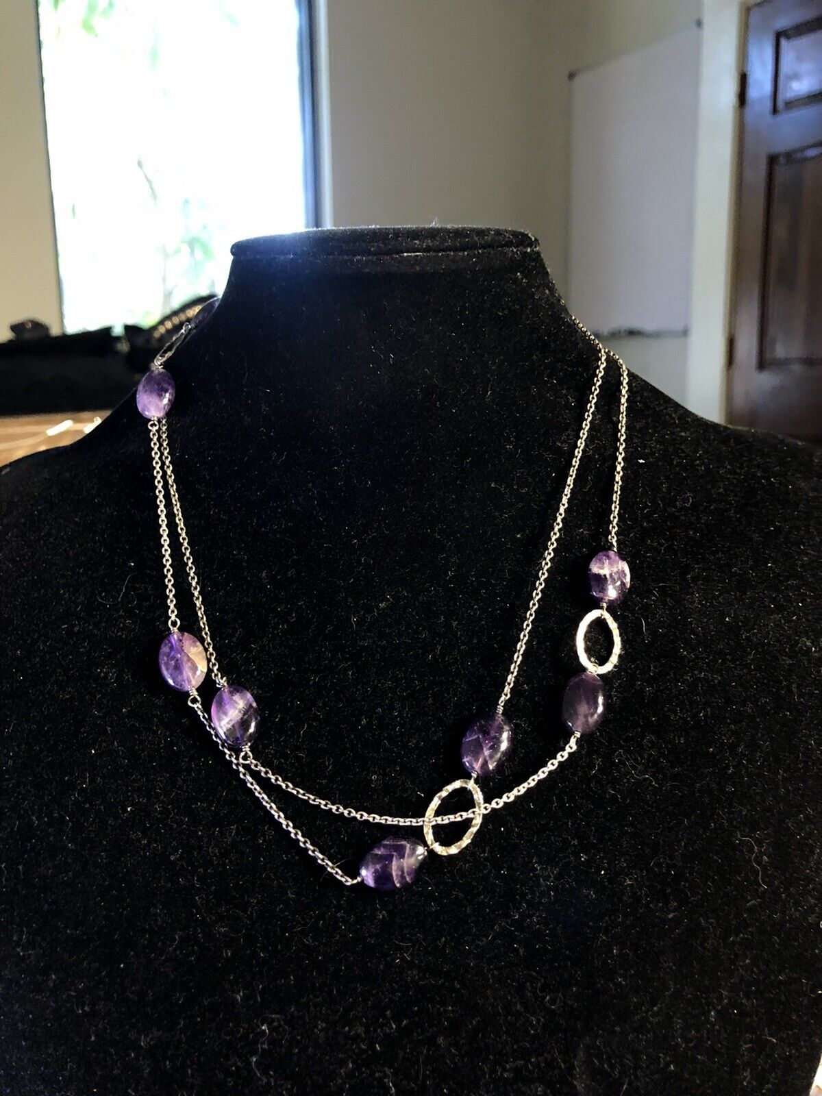 Designer NF 925 Sterling Silver Oval Amethyst Beaded Statement Chain Necklace