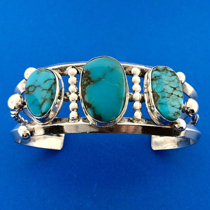Estate Native American Sterling Silver Turquoise Chunky Cabochon Cuff Bracelet