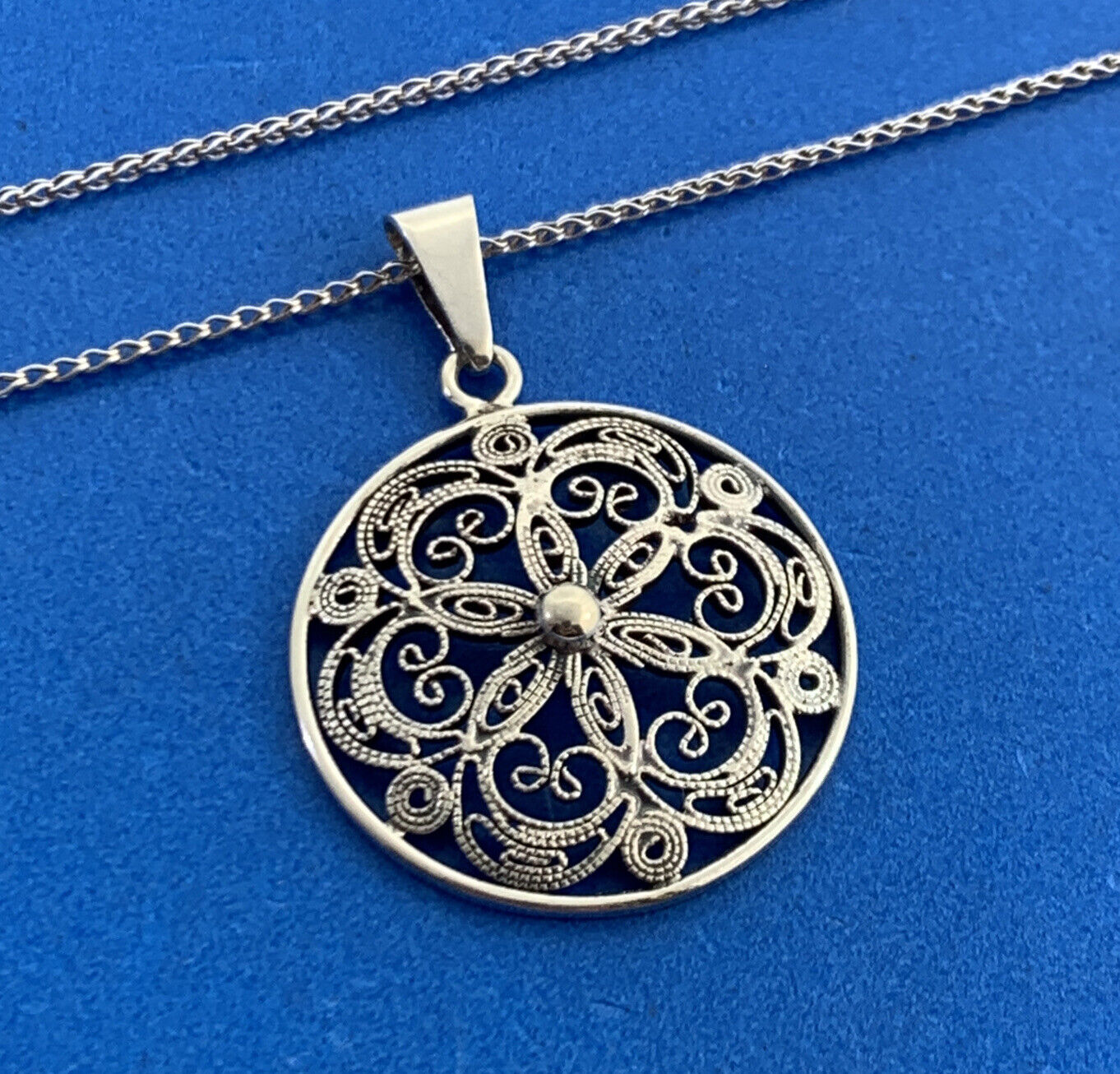 Vintage 835 Fine Silver Bead Scroll Floral Filigree Medallion Necklace