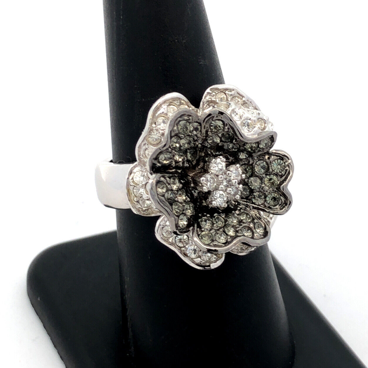 Designer Nolan Miller Silver Tone Pave Cubic Zirconia Black White Flower Ring