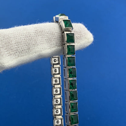 Lovely 1940's Dorsons 925 Sterling Silver Green Glass Rhinestone Tennis Bracelet