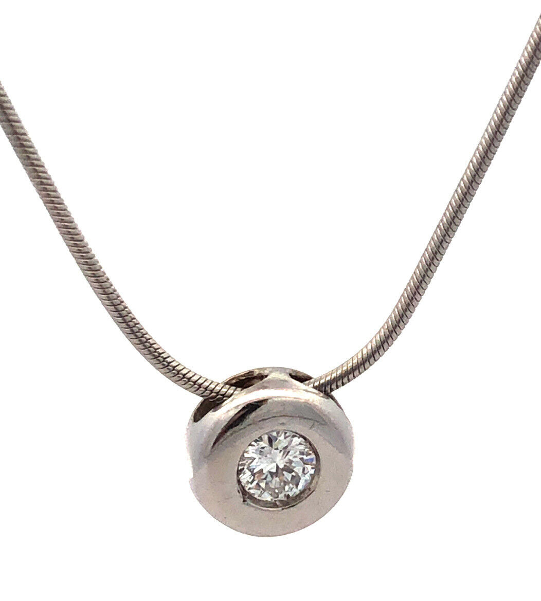 Designer 14K White Gold Modernist Round Diamond Pendant Snake Chain Necklace