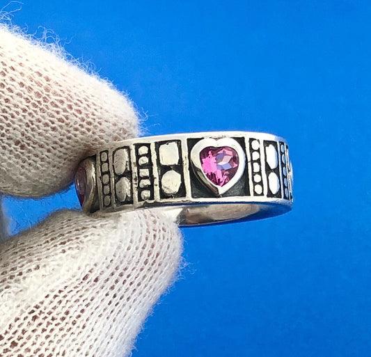 Stunning Sterling Silver 925 Heart Cut Pink Spinel Passion Love Band Ring Size 8
