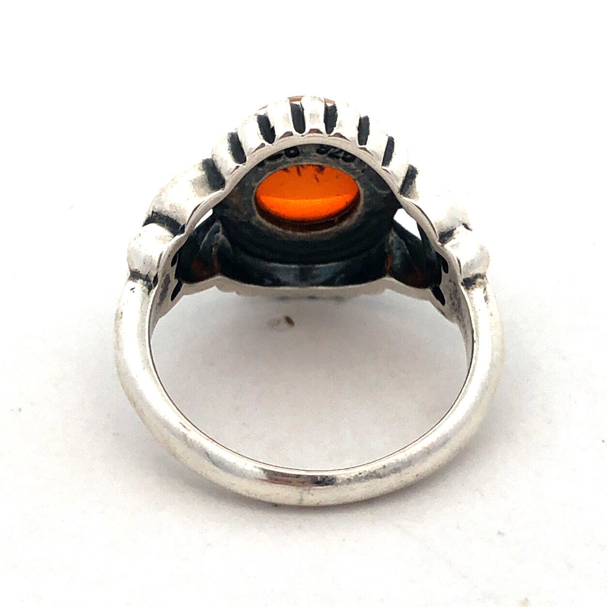 925 Sterling Silver Vintage V-8 Round Cabochon Orange Amber Cocktail Ring