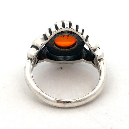 925 Sterling Silver Vintage V-8 Round Cabochon Orange Amber Cocktail Ring