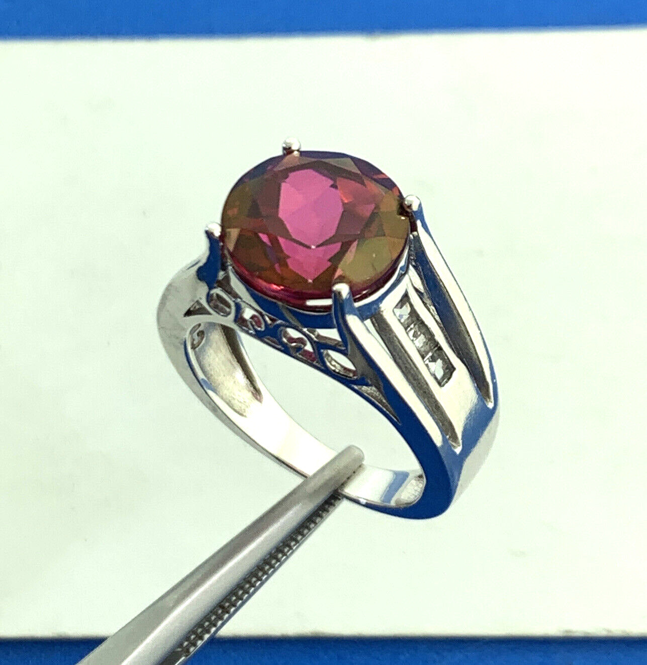 Designer BBJ 925 Sterling Silver Ruby Solitaire White Topaz Accent Cocktail Ring