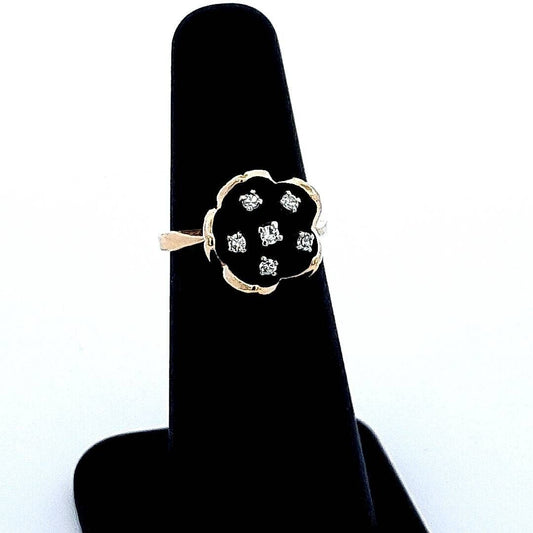 Art Deco Style Estate 14K Yellow Gold Diamond Black Enamel Flower Floral Ring