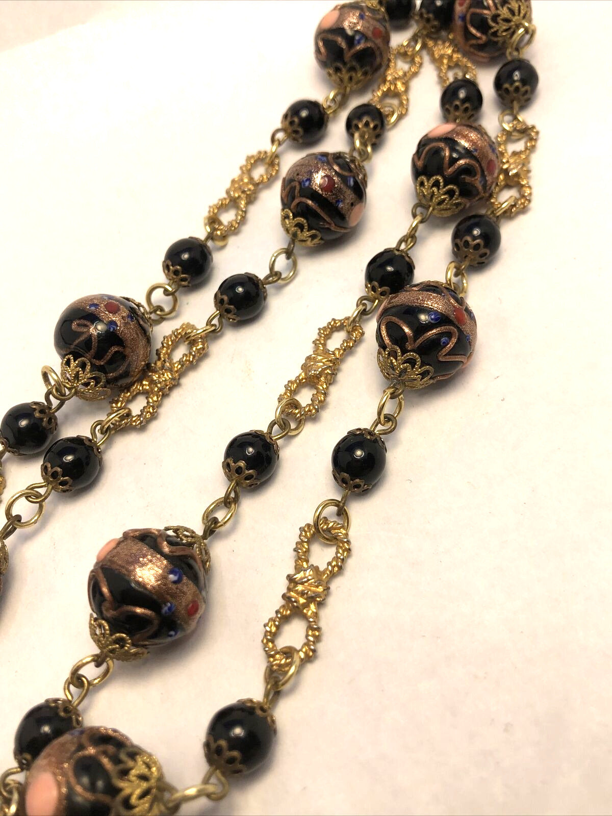 Vintage Murano Venetian Copper Cobalt Glass Bead Gold-Tone Statement Necklace