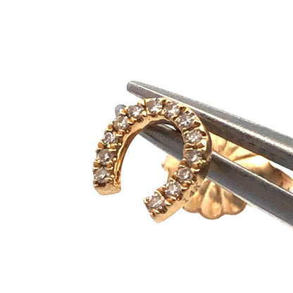 Designer 14K Yellow Gold Pave Diamond Horseshoe Good Luck Stud Earrings