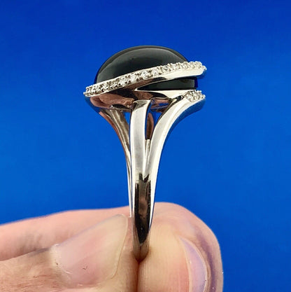 Vintage Modernist 14K White Gold Black Onyx Diamond Snake Swirl Cocktail Ring