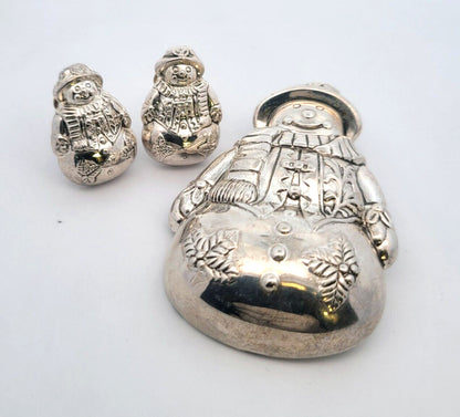 Mid Century Designer Best Silver Tone Snowman 3 Pc Brooch/Pendant & Clip Earring