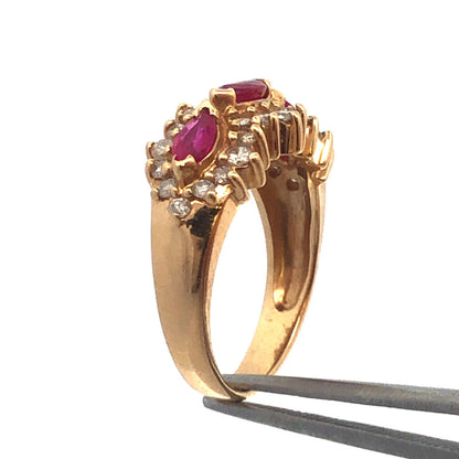 14K Yellow Gold Ruby Diamond Band Cluster July Anniversary Bridal Cocktail Ring
