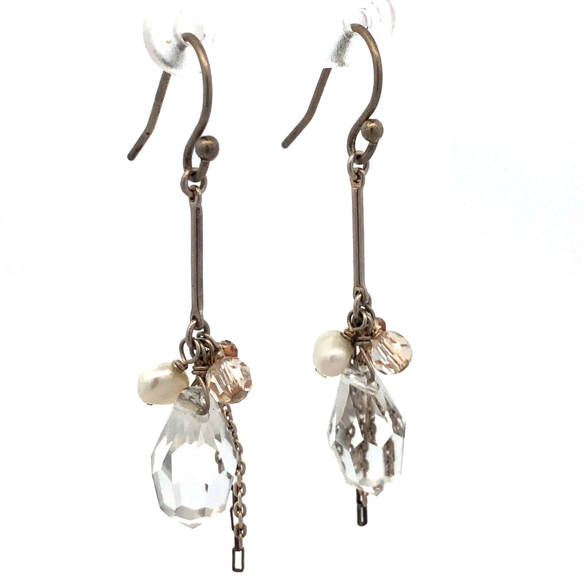 Designer 925 Sterling Silver Crystal Pearl Chain Cluster Dangle Hook Earrings
