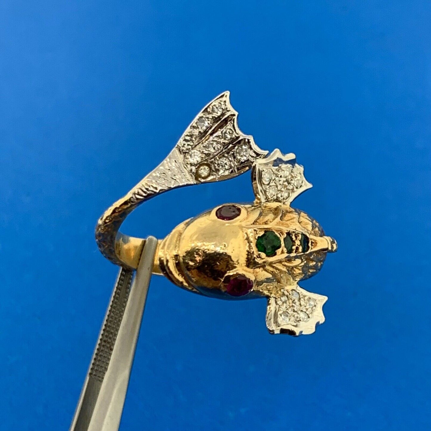 Retro 18K Yellow Wht Gold Diamond Ruby Emerald Textured Koi Fish Statement Ring