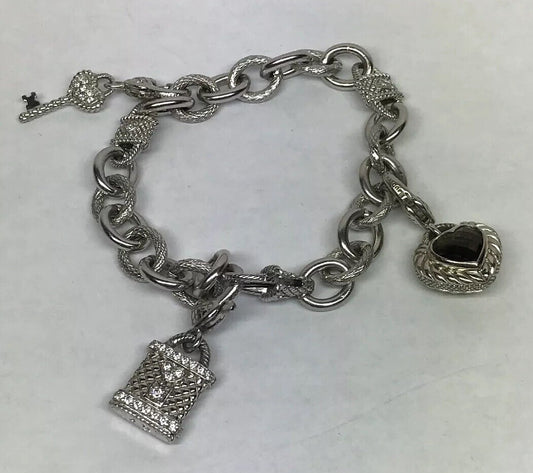 Judith Ripka Sterling Silver 925 Topaz Diamonique CZ Heart Key Lock Bracelet
