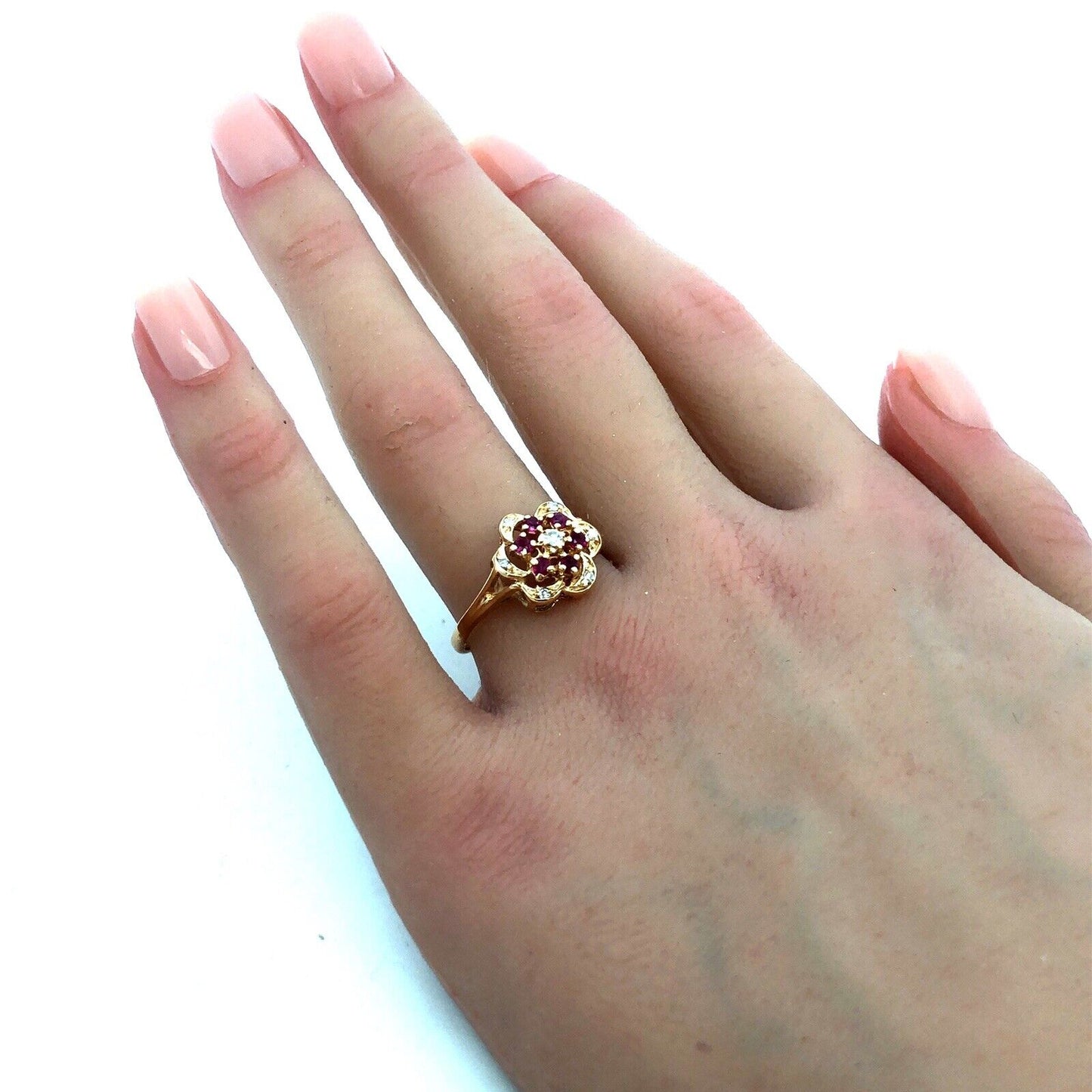 Designer HJW 14K Yellow Gold Round Diamond Ruby Flower Cocktail Ring
