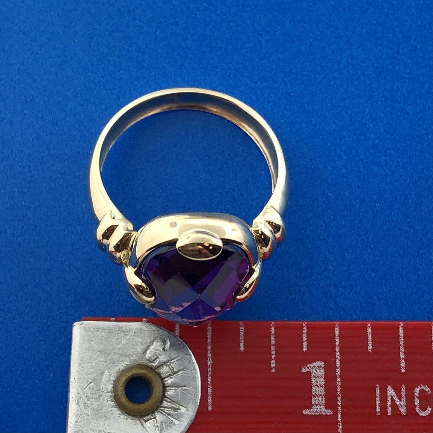 Modernist 14K Yellow Gold Cushion Cut Rectangle Purple Gemstone Anniversary Ring